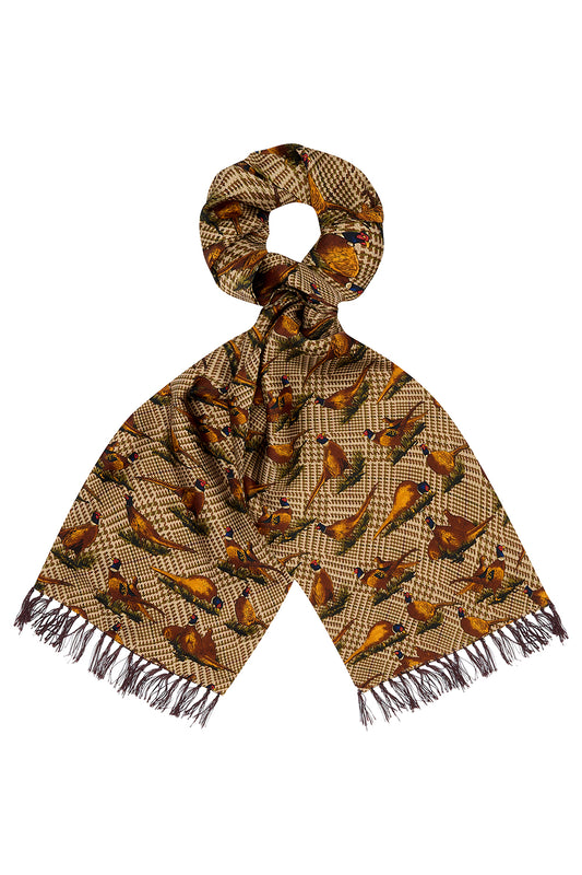 Pheasants on Tweed Ground Silk Aviator Scarf