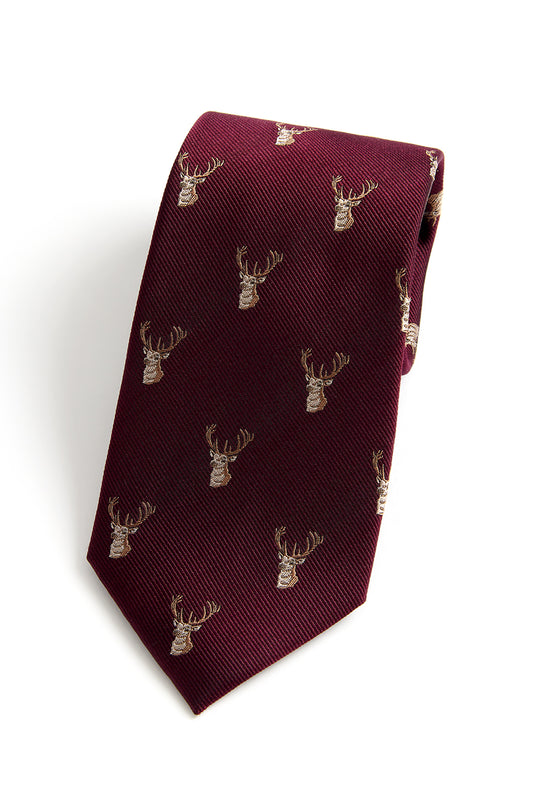 Stag Heads Country Silk Tie in Wine