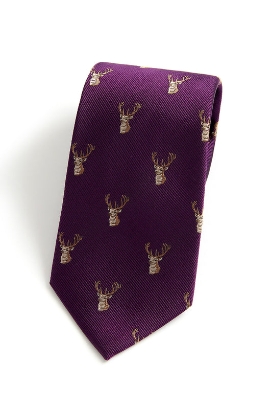 Stag Heads Country Silk Tie in Purple