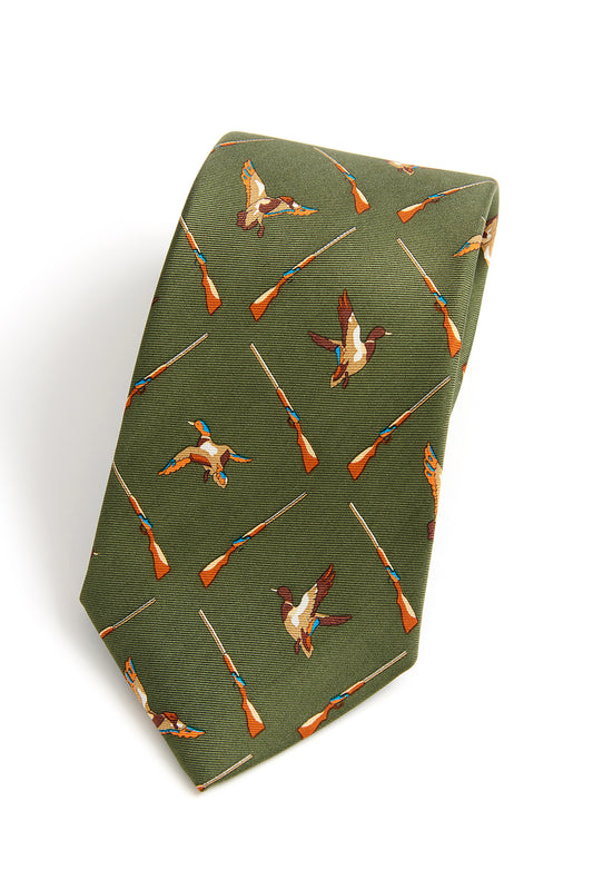 Flying Ducks and Shotgun Silk Tie in Green
