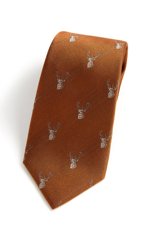 Stag Heads Country Silk Tie in Rust