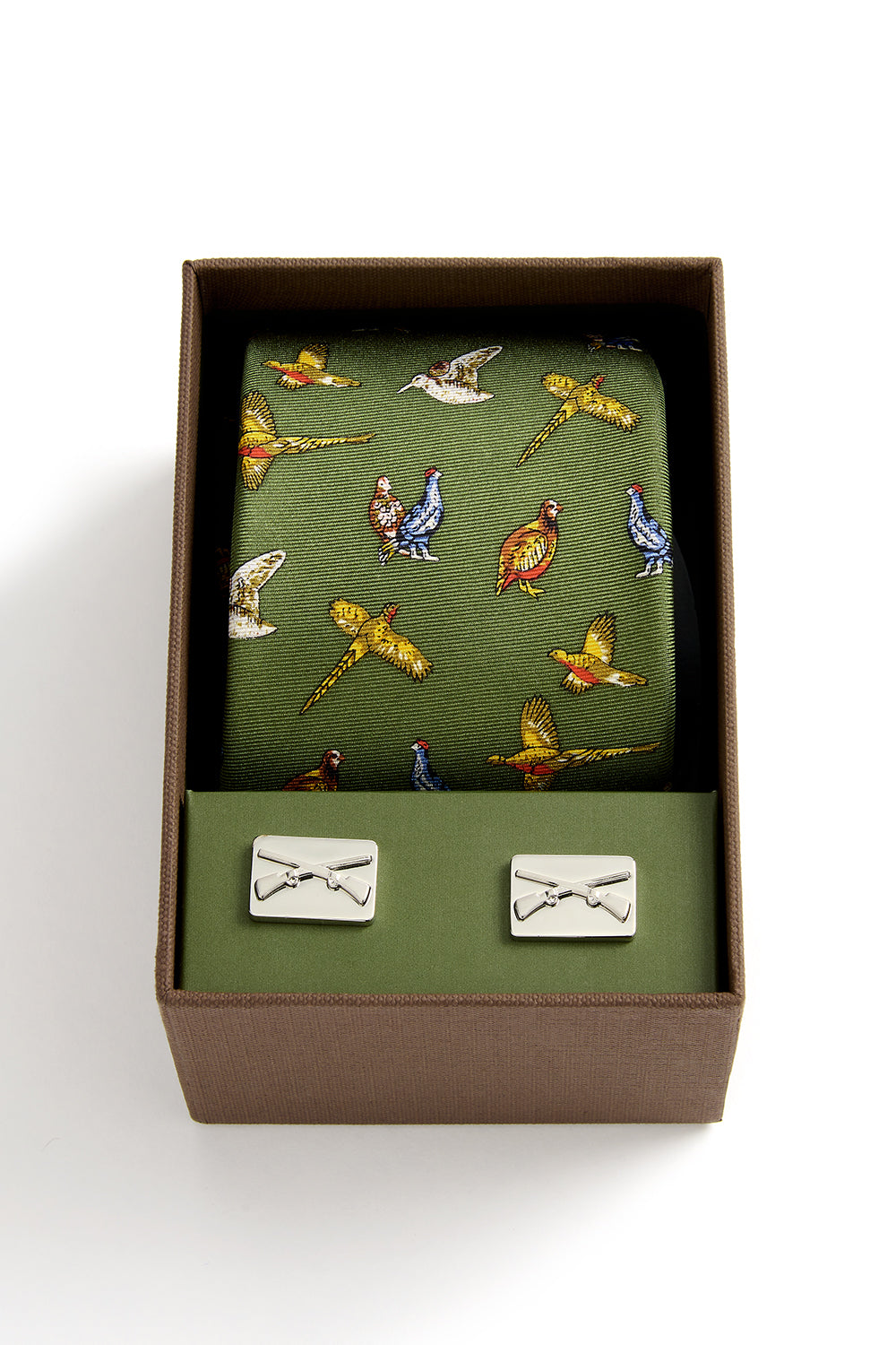 Country Birds Tie & Cufflink Set In Green