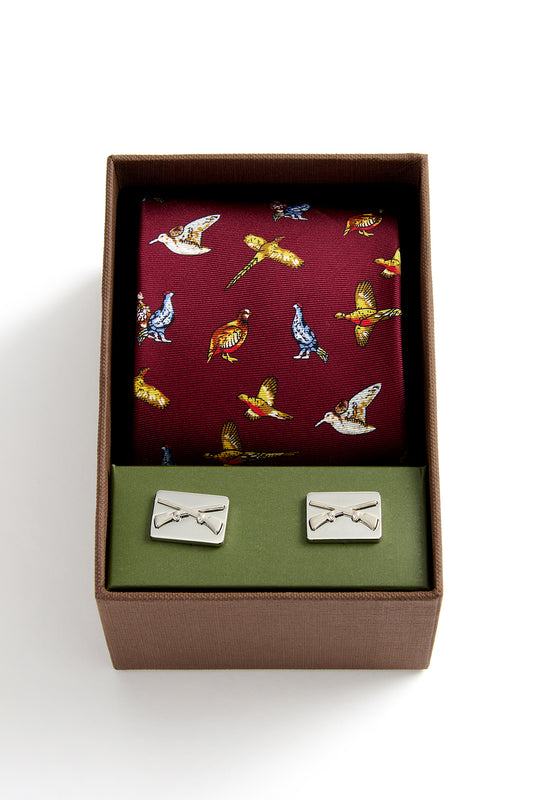 Country Birds Tie & Cufflink Set In Wine